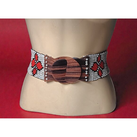 Wide Belt Stretch Red Star Flowers Beaded Boho Tribal Stretchy Wooden Buckle main image 10